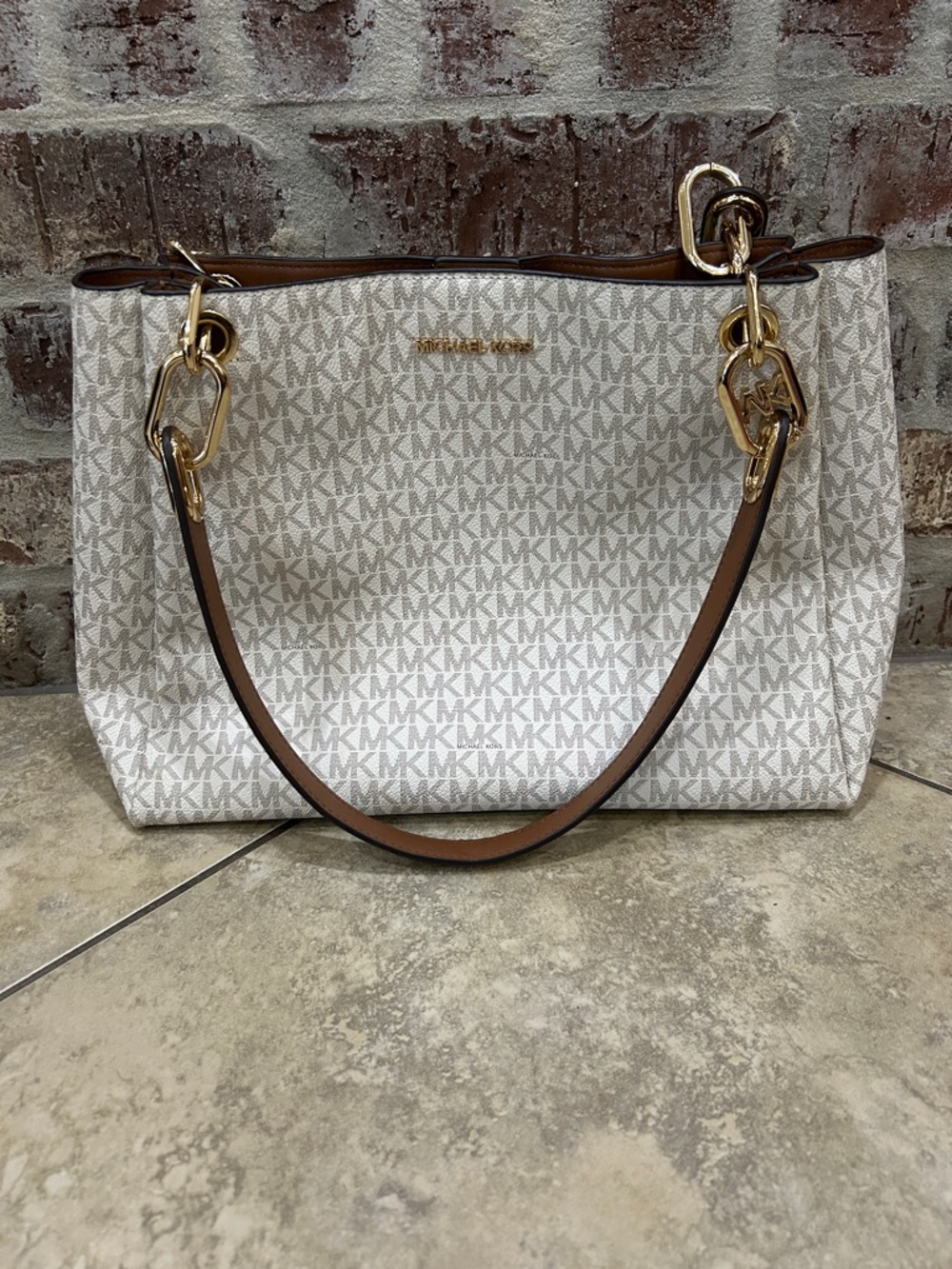 Michael Kors Cream and Brown Logo-Print Tote with Gold Hardware
